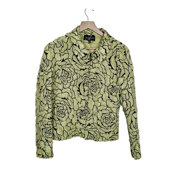 ALGO Textured Y2K L Floral Jacket Women’s Green Zip Up Raised Rose Pattern Retro - Picture 1 of 10